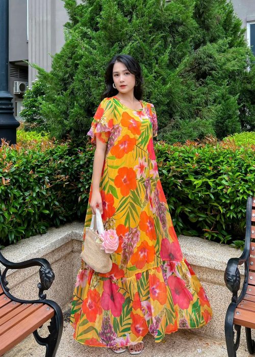 Đầm Maxi Hoa Form Suông Phối Dây Thắt Eo