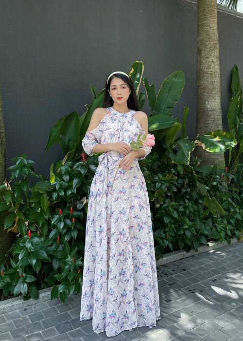 Đầm Maxi Hoa Cổ Yếm Xẻ Tà Phong Cách Tiểu Thư
