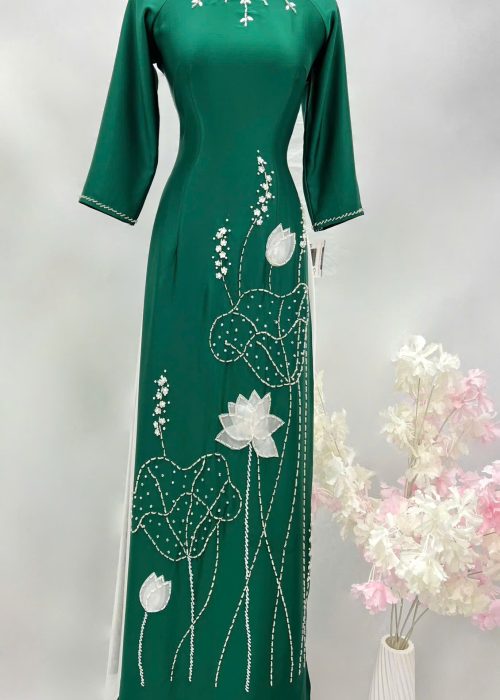 Áo Dài Sui Xanh Rêu Thêu Sen Trắng