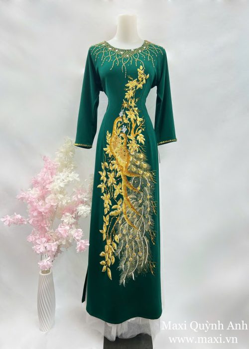 Áo Dài Sui Xanh Rêu Công Vàng