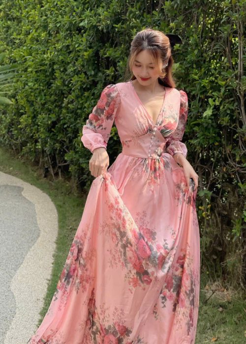 Đầm Maxi Hoa Cổ V Tay Dài Phong Cách Tiểu Thư