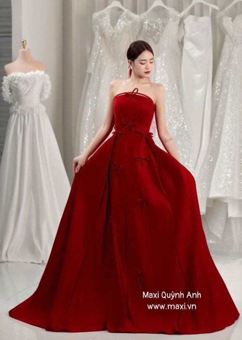Váy Cưới Cúp Ngực Đính Nơ (Đỏ)