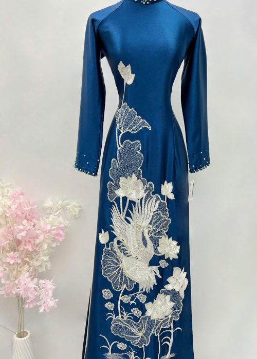 Áo Dài Sui Thêu Hoa Trắng Cao Cấp