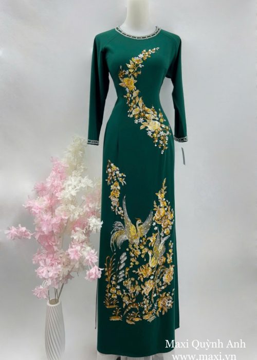Áo Dài Sui Xanh Lá Thêu Phượng