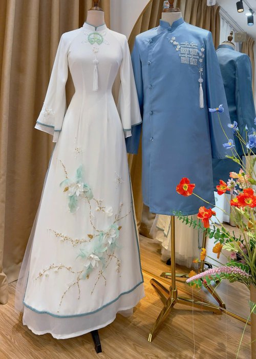 Cặp Áo Dài Lam Ngọc Tuyết Cao Cấp