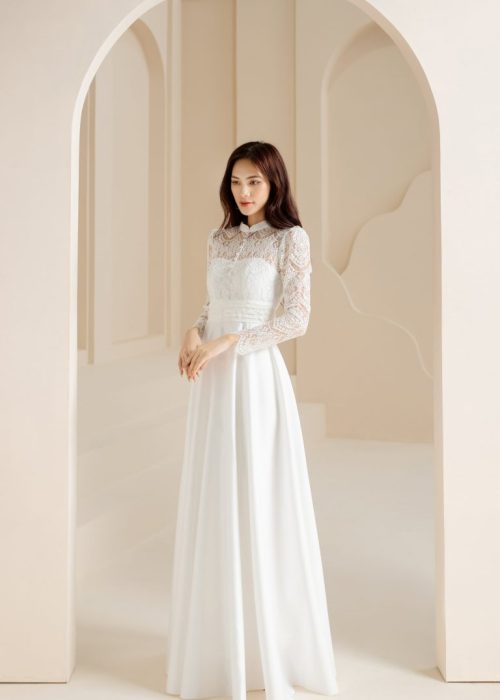 Đầm dạ hội ren trắng tay dài mới nhất RDTD