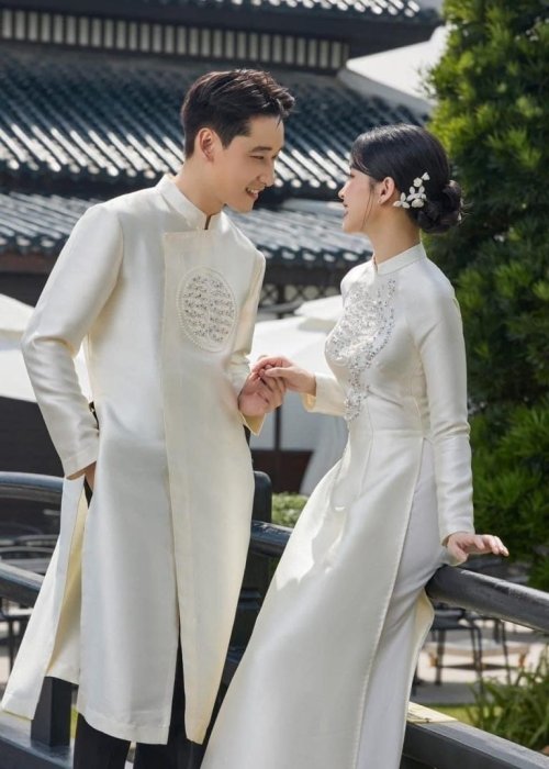 Cặp Áo dài cưới cô dâu chú rể tafta kem cao cấp