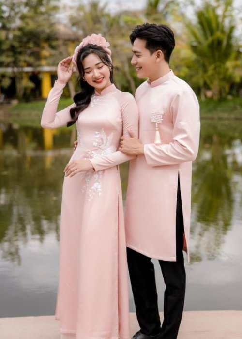 Áo dài cưới cặp kết hoa cao cấp