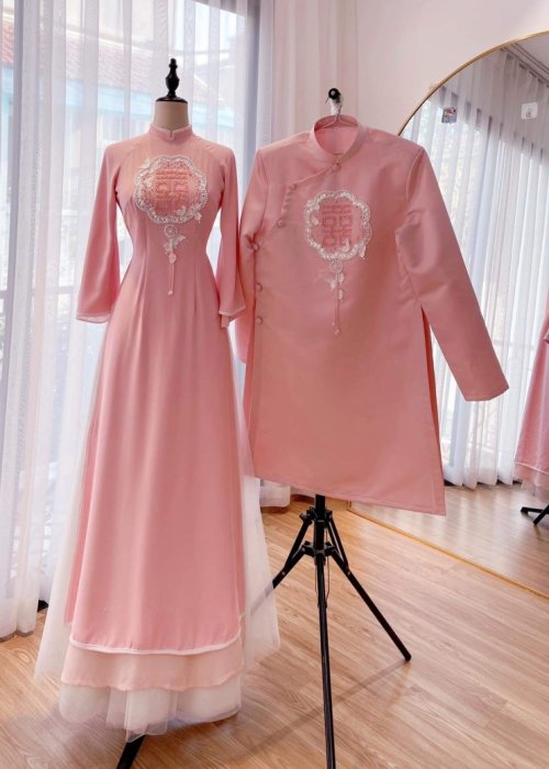 Cặp Áo dài cưới hồng cô dâu chú rể