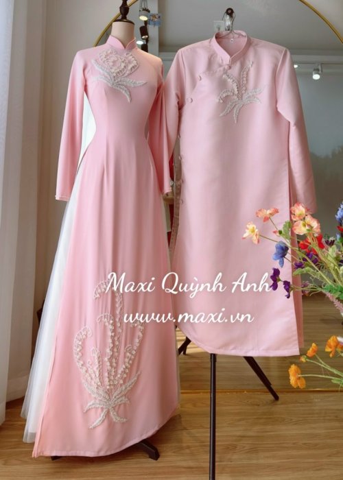 Cặp Áo dài cưới hồng kết hoa nổi đính đá