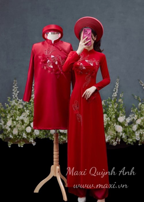 Cặp Áo dài cưới đỏ cô dâu chú rể kết hạt cao cấp