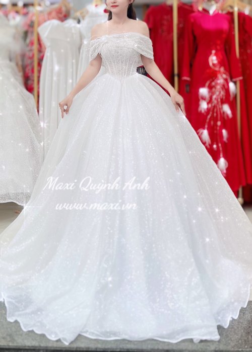 Váy Cưới Trễ Vai Kim Sa Cao Cấp