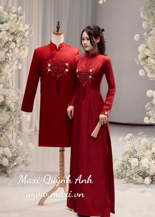 Cặp Áo Dài Đỏ Thêu Hỷ Đính Hoa Sang Trọng