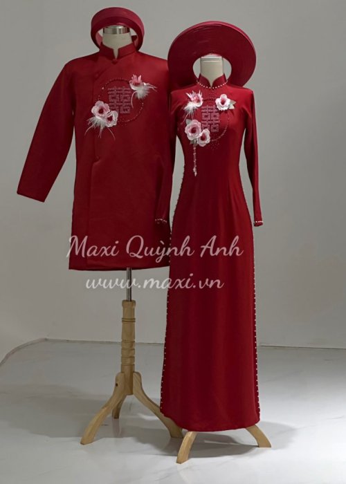 Cặp Áo dài cưới đỏ kết hỉ đính hoa sang trọng
