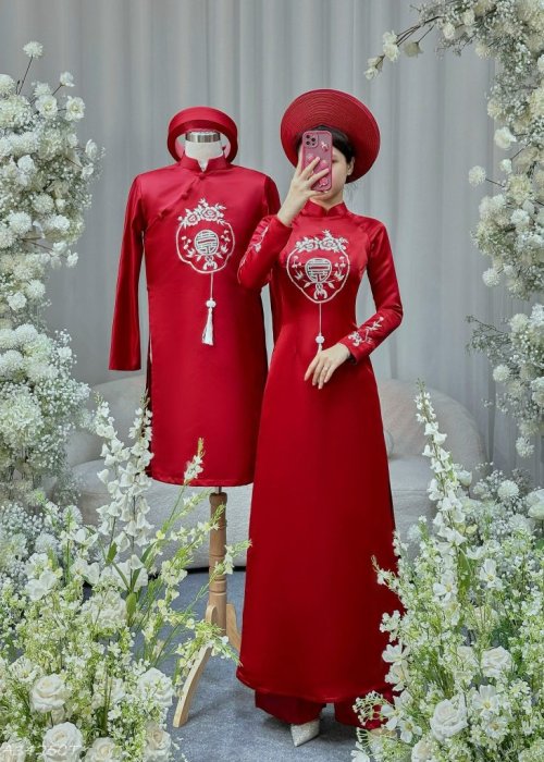 Cặp Áo Dài Cưới Đỏ Thêu Hỷ Sang Trọng