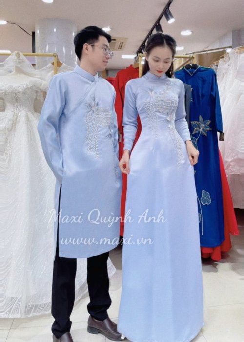 Cặp áo dài dâu rể xanh kết hỉ cao cấp