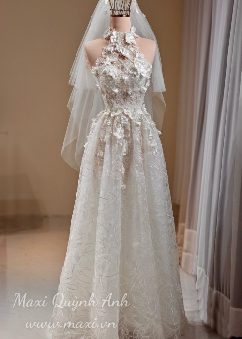 Váy Cưới Phối Ren Thiết Kế Cổ Yếm Cao Cấp Đính Hoa (YRCC)