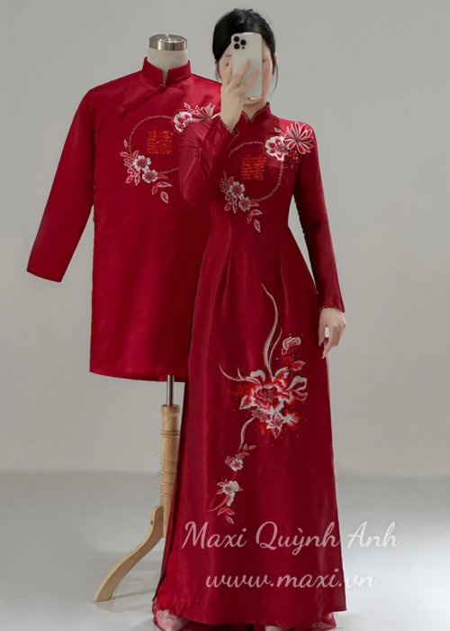 Cặp áo dài cưới đỏ kết hỉ đính hoa