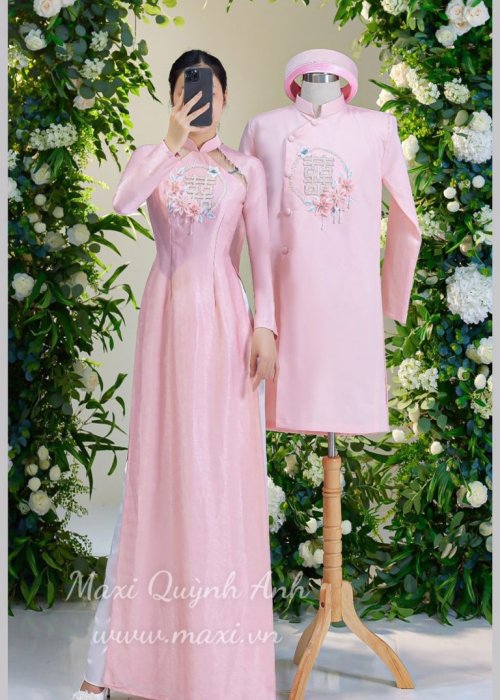 Cặp Áo dài cưới chữ hỉ phối viền hoa tròn