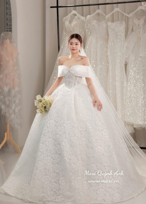 Váy Cưới Ren Trễ Vai Nơ Bồng