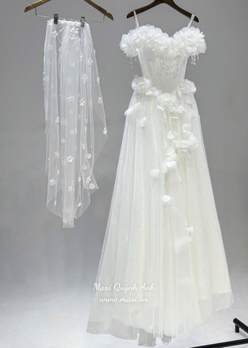 Váy Cưới Trễ Vai Hoa 3D