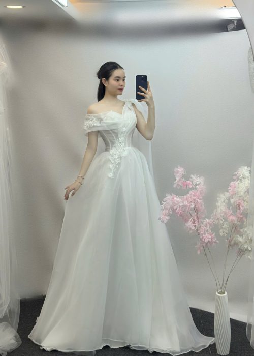 Váy Cưới Phối Lệch Vai Hoa Cao Cấp