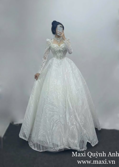 Váy Cưới Kim Sa Tay Dài Cao Cấp
