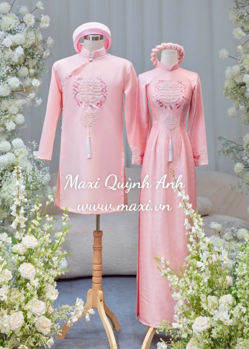 Cặp Áo Dài Cưới Song Hỷ Thêu Hoa