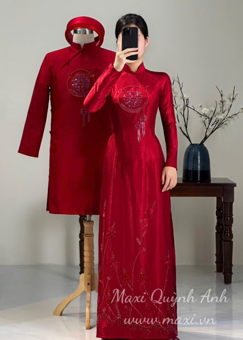 Cặp Áo Dài Cưới Đỏ Hoa Hỷ Sum Vầy