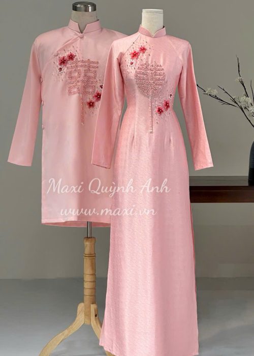 Cặp Áo Dài Cưới Song Hỷ Hồng