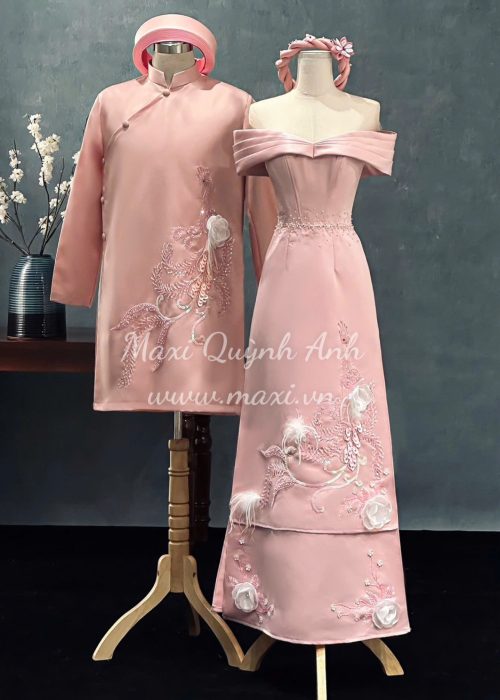 Cặp Áo Dài Cưới Uyên Ương Hồng