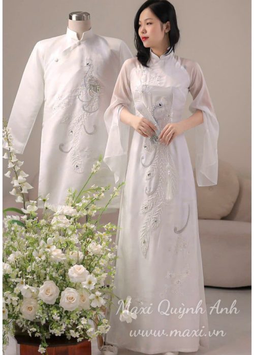 Cặp Áo Dài Cưới Thêu Bạch Uyên Ương