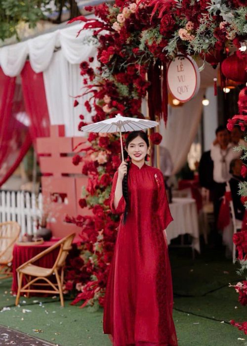 Áo Dài Cưới Gấm Suông