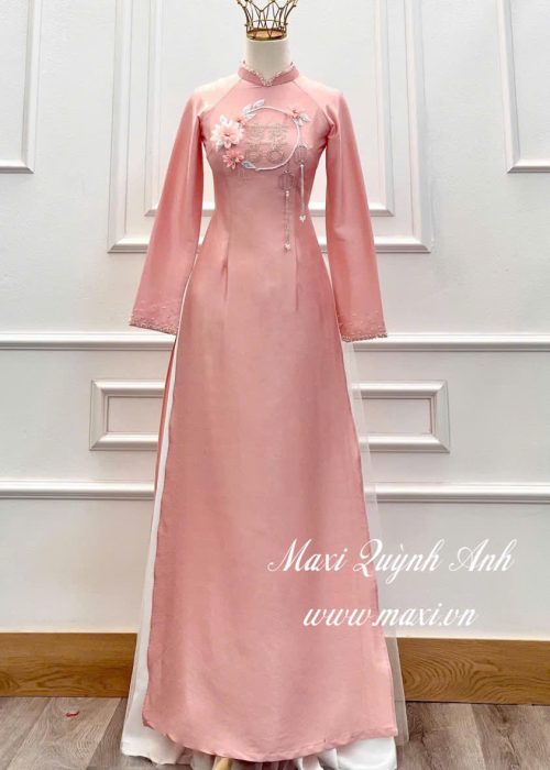 Áo Dài Cưới Hỷ Hồng Hoa Nổi