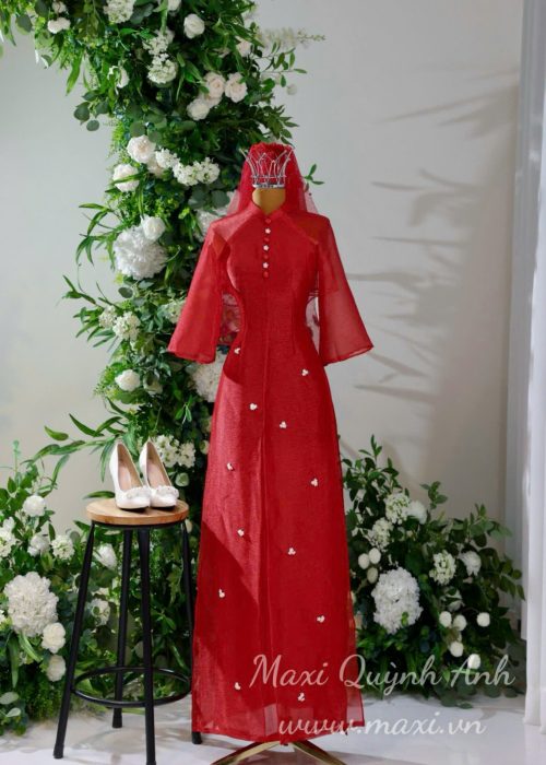 Áo Dài Cách Tân Tơ Phối Hoa Đỏ