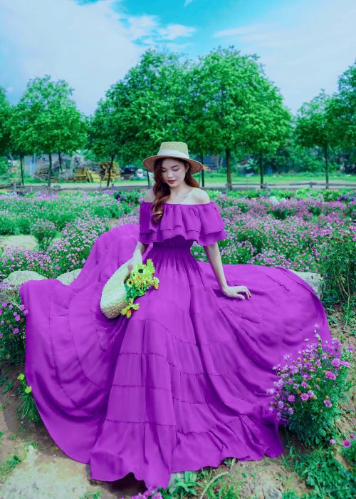 Đầm Maxi Tím Trễ Vai Tà Xòe