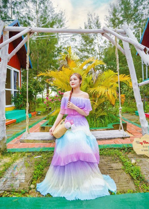 Đầm Maxi Trễ Vai Loang Màu Bèo Tầng