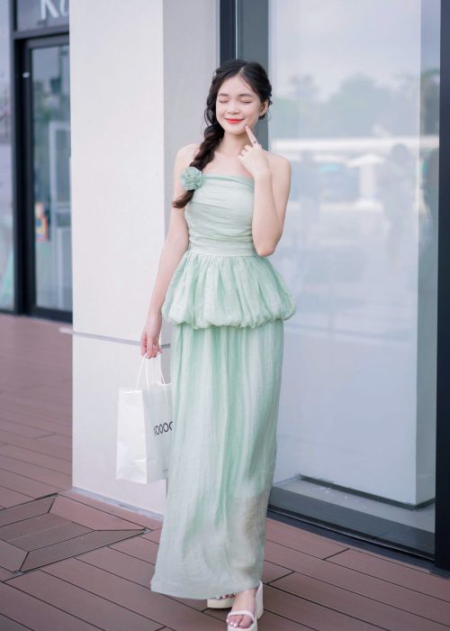 Set Đầm Maxi Cup Ngực Xanh Phối Dây Tao Nhã