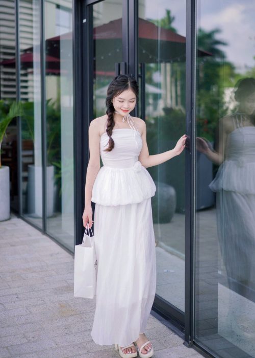 Set Đầm Maxi Cup Ngực Trắng Phối Dây Tao Nhã