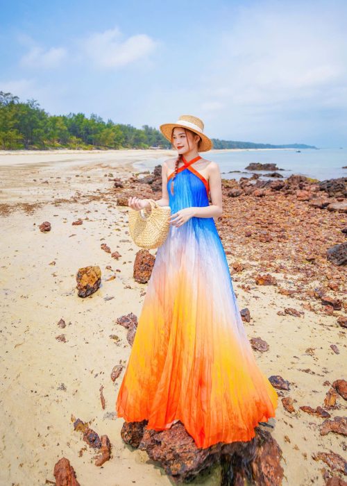 Đầm Maxi Cổ Yếm Form Suông Loang Xanh Cam