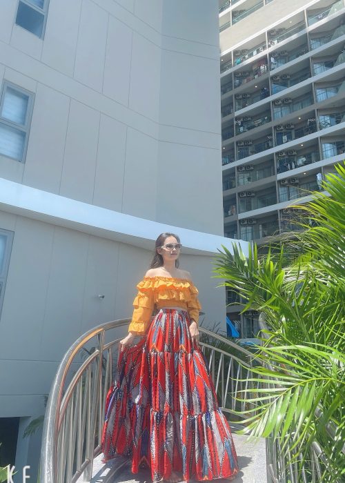 Set Maxi Thổ Cẩm Trễ Vai Tao Nhã