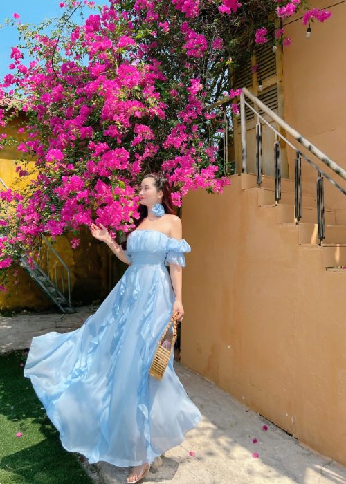 Đầm Maxi Bèo Trễ Vai Phối Vòng Cổ Tao Nhã (Xanh)