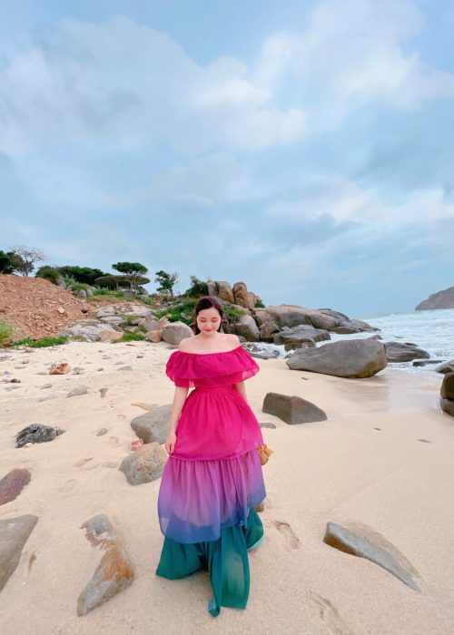 Đầm Maxi Loang Trễ Vai Xẻ Tà