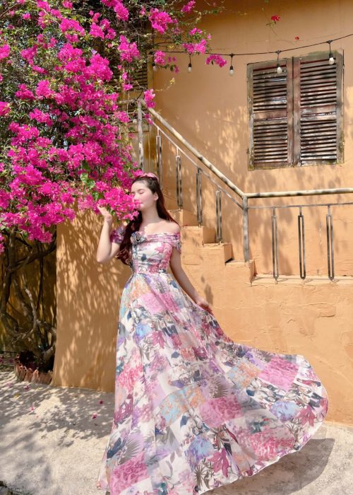 Đầm Maxi Hoa Trễ Vai Phong Cách Tiểu Thư