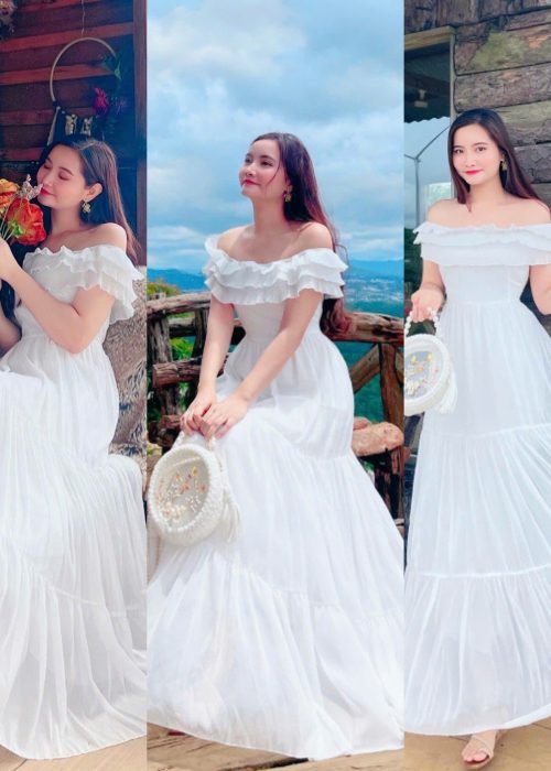 Đầm Maxi Trễ Vai Tầm Ánh Suông (Tím, Hồng, Trắng)