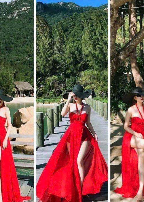 Đầm Maxi Bím Cổ Xẻ Tà Tao Nhã