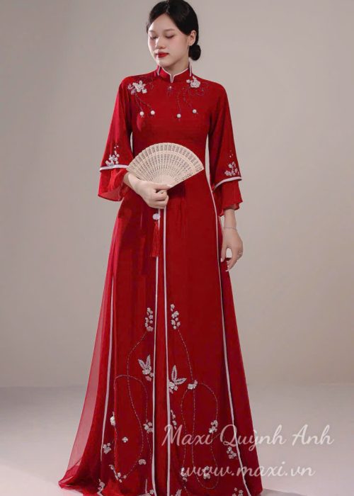 Áo Dài Cưới Phối Hoa Tà Xẻ