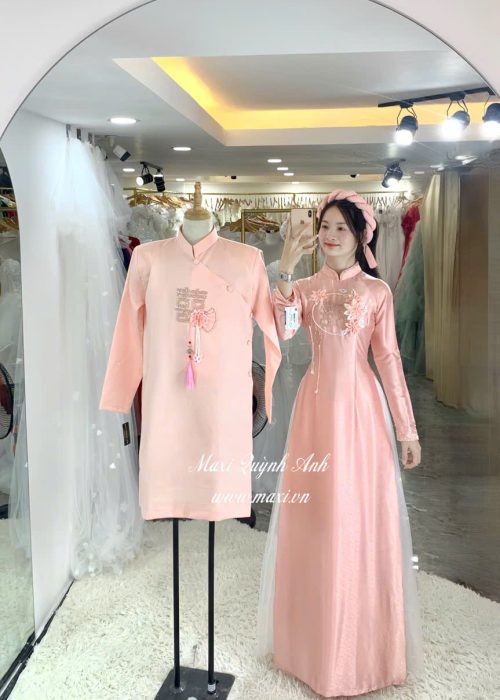 Cặp Áo Dài Cưới Hỷ Hồng Đào