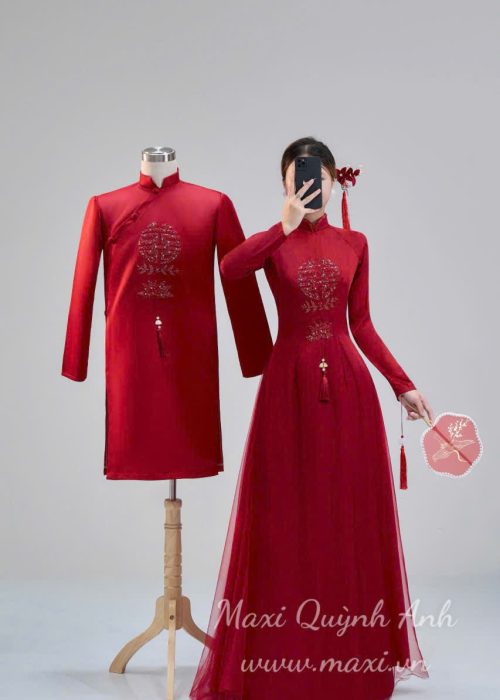 Cặp Áo Dài Cưới Hỷ Pha Lê Đỏ