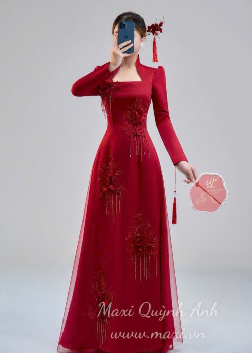 Áo Dài Cưới Tafta Hoa Đỏ